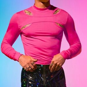 Shein Mens Shirt Top Medium Pink Muscle Stretch Tight Rave Festival Club Cutouts